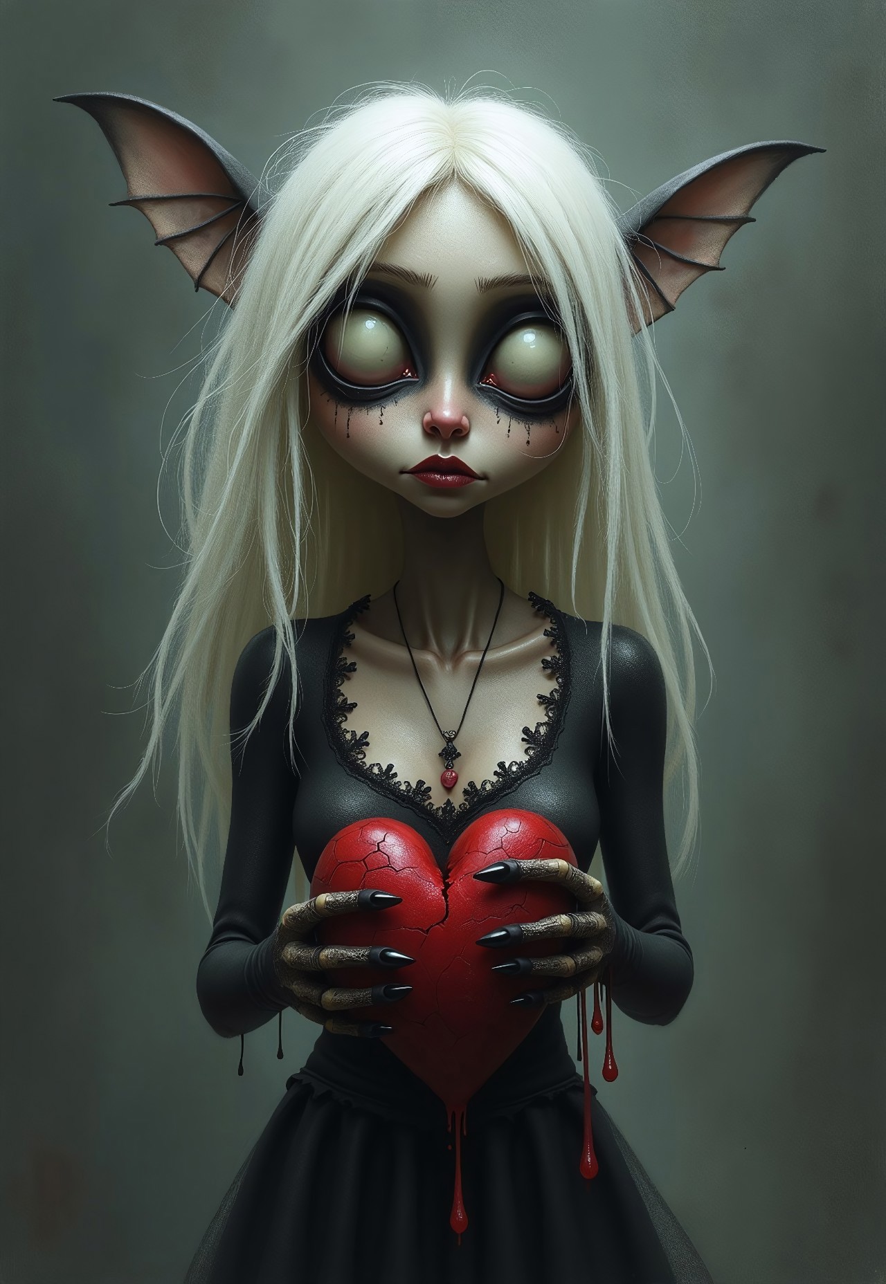 A stylized caricature of a dark female figure with a hollow chest with an empty hole in the middle. Her hair is light, almost white. She holds a bleeding, dark red and torn, broken  heart in both hands in front of her chest. The figure has exaggerated, elongated features, large sorrowful eyes, and a melancholic yet endearing expression. The atmosphere is eerie but sweet, with a soft glow highlighting the creature’s delicate sadness. Intricate gothic details adorn her body, with torn lace and faintly glowing cracks along her form. The background is misty and dimly lit, evoking a dreamlike, almost whimsical gothic fairytale aesthetic. The painting features muted color palette and a dezent monochromatic scheme, primarily with shades of black, white, and silver. 
