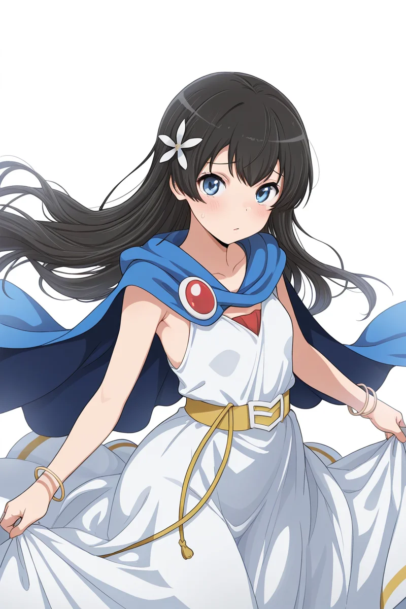 masterpiece, best quality, amazing quality,
<lora:Hikari_IL:1> hikari, 1girl, cosplay, long hair, black hair, hair ornament, hair flower, cape, flower, dress, voice actor connection, blue eyes, jewelry, solo, bracelet, white dress