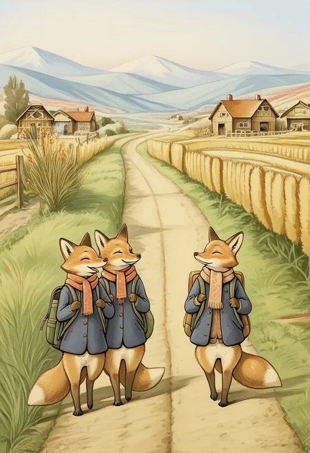 Bpstyle, 3fox, three anthropomorphic fox going to school, countryside, path, jacket, holding backpack, scarf, happy