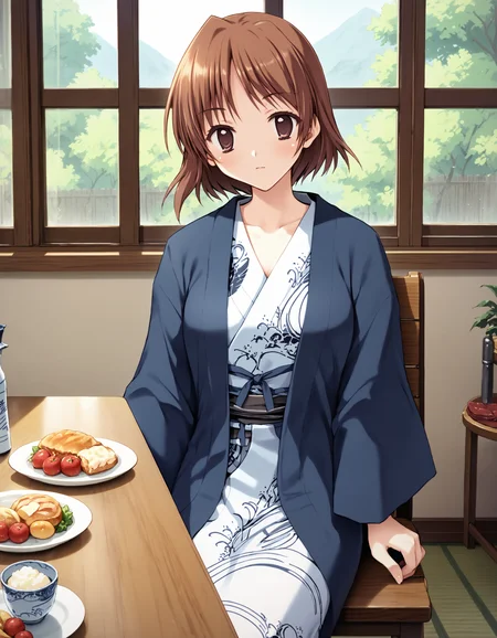 score_9, score_8_up, score_7_up, score_6_up, score_5_up, score_4_up, source_anime
BREAK
misaki_olis, 1girl, solo, brown hair, medium hair, brown eyes, bath yukata, blue jacket, looking at viewer, sitting
BREAK
wooden chair, wooden table, food, night
<lora:Misaki_BokuNoKanojoWaGatenkei_PonyXL_v1:1>