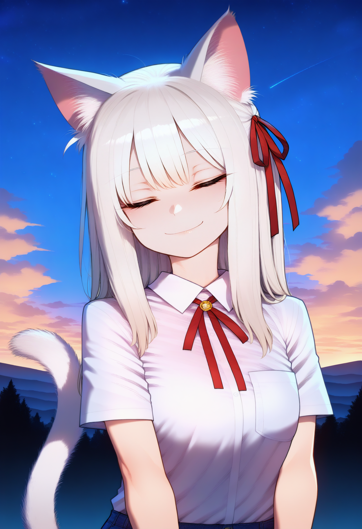 masterpiece, best quality, good quality,
1girl, solo, long hair, smile, shirt, animal ears, ribbon, closed mouth, tail, white shirt, upper body, closed eyes, white hair, hair ribbon, short sleeves, outdoors, sky, collared shirt, cloud, cat ears, animal ear fluff, red ribbon, cat tail, neck ribbon, cat girl, star (sky), starry sky, breast pocket
<lora:merratatustle_illustrious_v1_vpred:1>