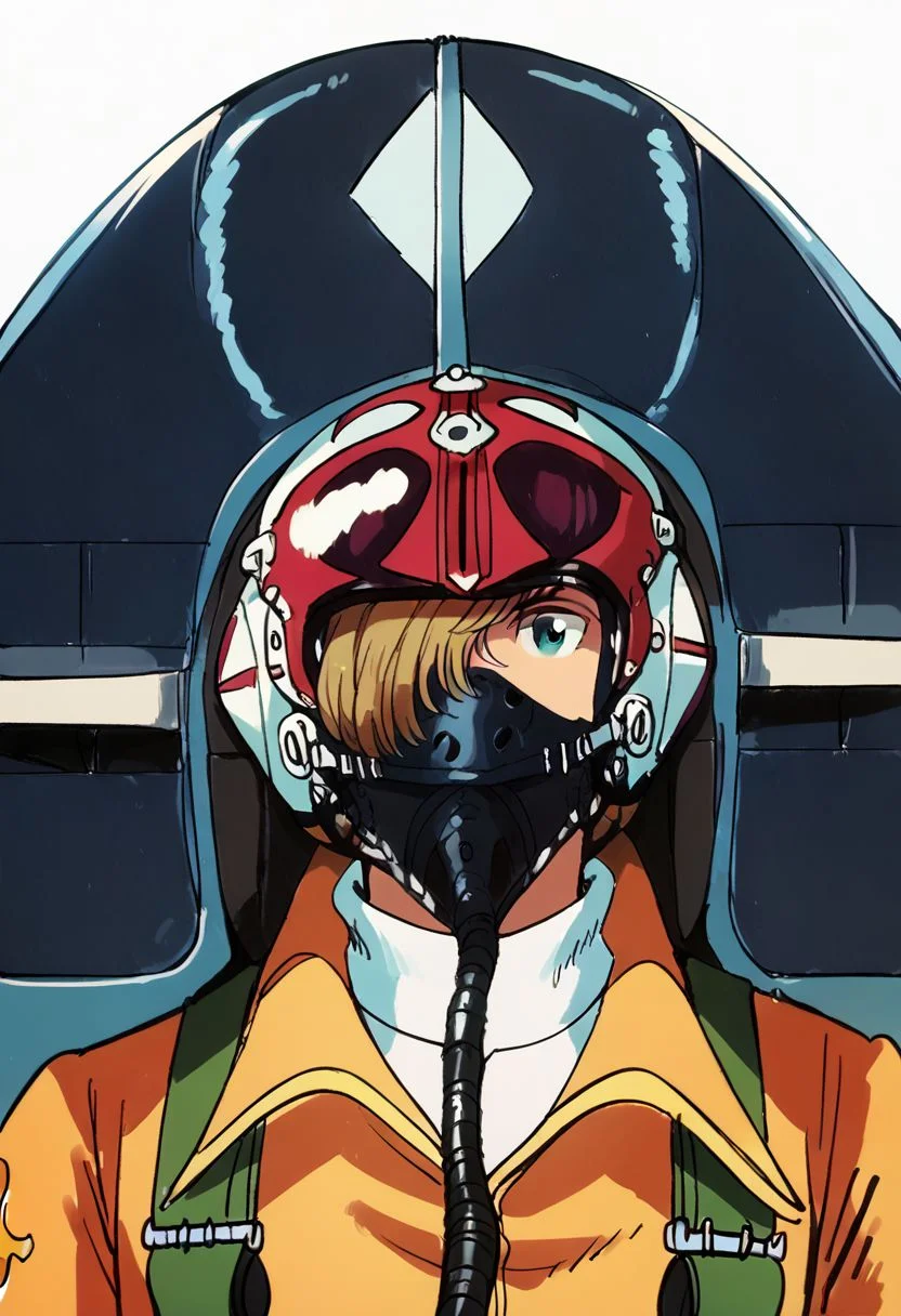 Bpb1,Score_9, score_8_up, score_7_up, score_6_up, 1boy, bpbshin, flight suit, standing next to aircraft, portrait, solo, hair over one eye helmet,  cockpit,  visor down