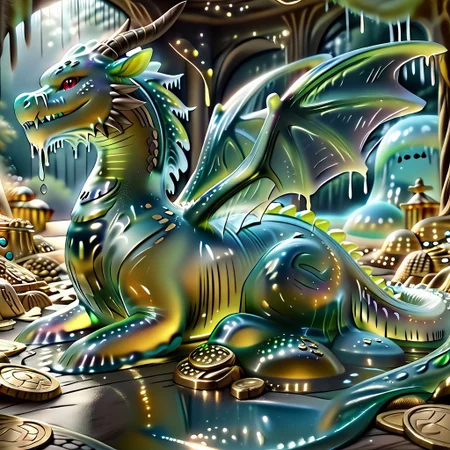 1dragon, highly detailed deep green and black dragon, deep green and black dragon made out of slime, scaly deep green and black slime dragon, slime dragon with red eyes, deep green and black slime dragon laying in its hoard, green and black slime dragon with wings, dragon wings, detailed claws, detailed feet, detailed tail,
multi-colored gems made out of slime, in a room of treasure made out of slime, tiny gold coins and bars made out of slime, piles of tiny coins, piles of tiny gold slime coins, piles of gold slime, tiny gold slime coins, only tiny coins, translucent slime coins,
treasure-room, treasure, gemstone, coins, gold bars, gold pile,
everything made of slime, No simple background,
((translucent slime)), ((transparent slime)), (bioluminescent slime), sl1m3, slime, ais-blmn, watce, je11y, thickwater, great lighting, ral-lava, even lighting, no bright spots, saturated colors,