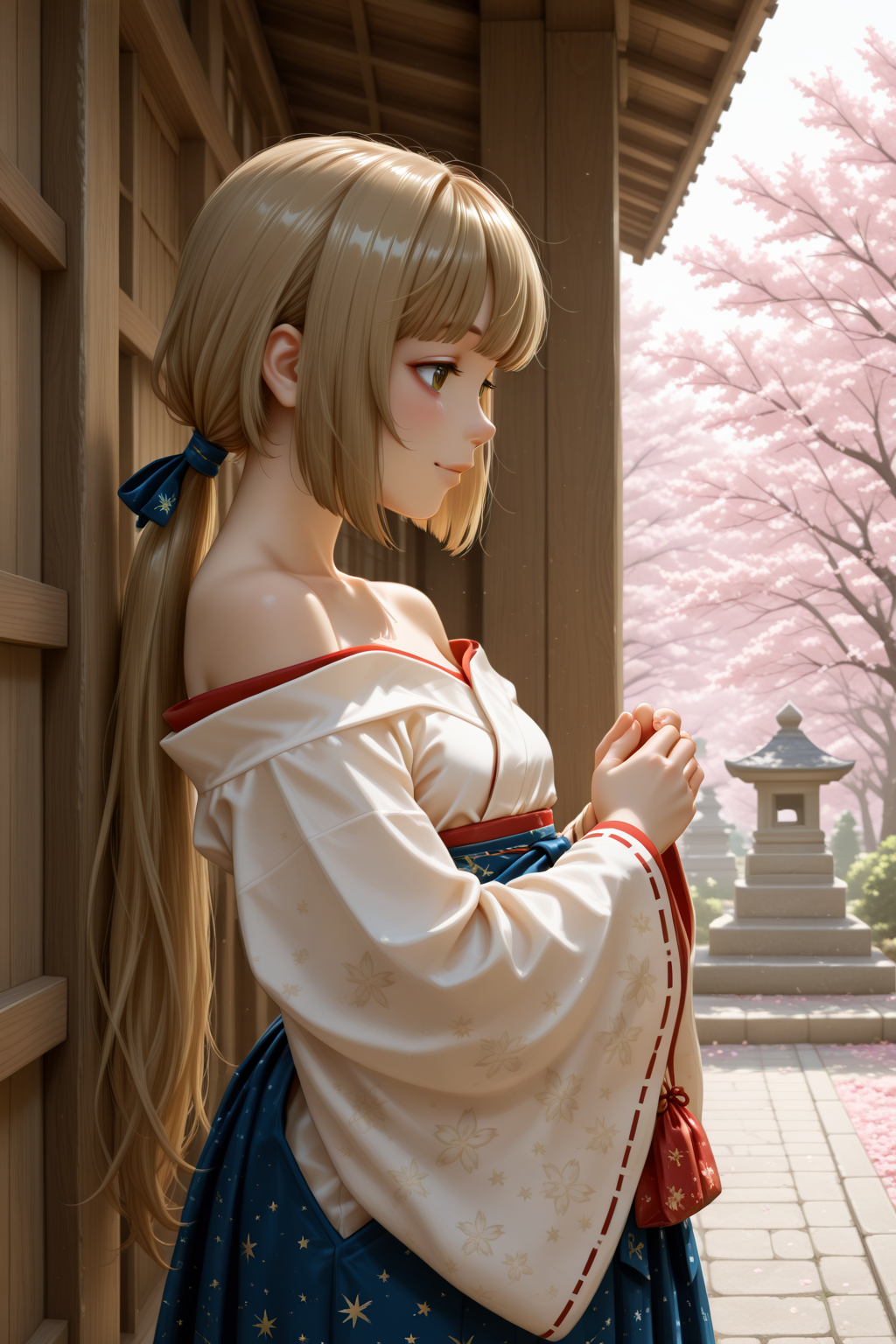 masterpiece, best quality, amazing quality, 1girl, solo, makeup, general, blush, upper body, smile, from side, outdoors, cherry blossoms, shrine, torii, holding traditional bag, closed_up, serene, miko, day, sunlight, sky, cloud, <lora:Yorita_Yoshino_Cinderella:0.7>, Yorita_Yoshino_Cinderella, long hair, brown hair, very long hair, brown eyes, blunt bangs, hair ribbon, low ponytail, <lora:Celestial_Shrine_Maiden_Outfit:1>, Celestial_Shrine_Maiden_Outfit, long sleeves, bare shoulders, japanese clothes, wide sleeves, off shoulder, blue hakama skirt, blue hakama, bow, blue bow, star print, sash, obi, collarbone, star(symbol), starry sky print, constellation print, long skirt, socks, ribbon trim, ribbon-trimmed sleeves, zouri, miko, <lora:wai-2Rectified-V140:1>, <lora:illustrious_noobai_epsilon_pred_1_masterpieces_v1:1>
