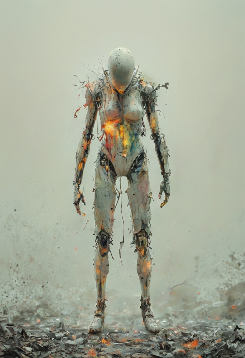 a combat cyborg, damaged, looking at the sunset over a faraway distopian city, colorful, muted rusted eroded paint, looking defeated,
