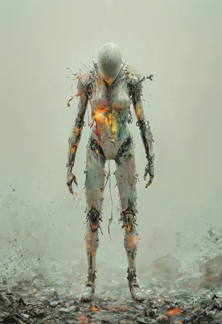 a combat cyborg, damaged, looking at the sunset over a faraway distopian city, colorful, muted rusted eroded paint, looking defeated,