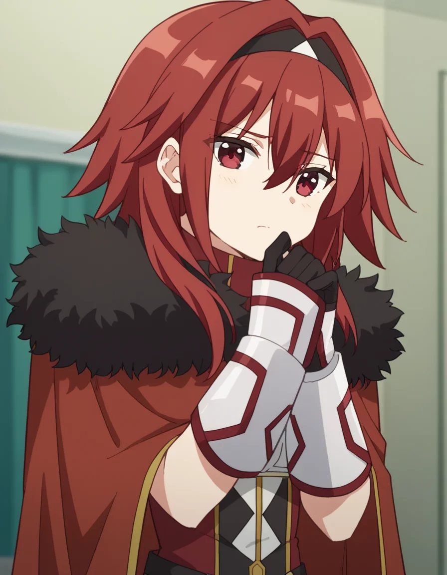 score_9, score_8_up, score_7_up, source_anime, <lora:bofuri-mii-s2-ponyxl-lora-nochekaiser:1>, mii, long hair, bangs, red eyes, hair between eyes, sidelocks, red hair, hairband, black hairband,, gloves, black gloves, cape, armor, fur trim, red cape,, hospital room, bedside, get well flowers, comforting, quiet, , looking at viewer, elbow up, foot forward, hand on chin, solo,, cowboy shot, dutch angle