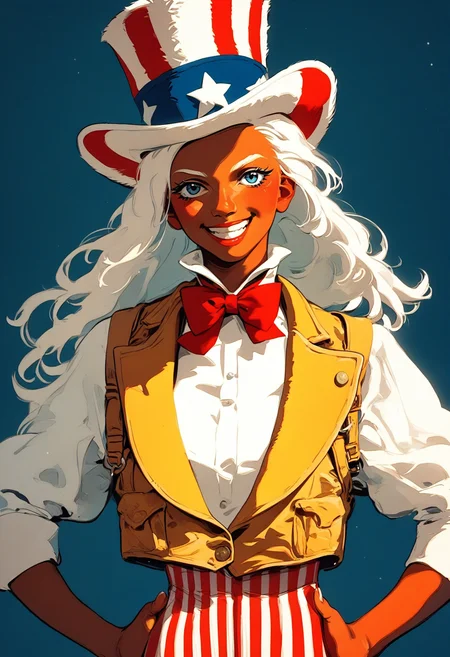 score_9, score_8_up, score_7_up, score_6_up, score_5_up, score_4_up, rating_safe, <lora:uncle_sam_v01-000030:1>1girl, solo, white hair, long hair, red vertical-striped pants, yellow vest, (white shirt:0.75), rolled up sleeves, white top hat, (blue hat band with stars:0.5), (black boots:0.75), undone red bowtie, smile, looking at viewer, from front, half body, hands on hips, dark-skinned female, <lora:Kenva:1>knva