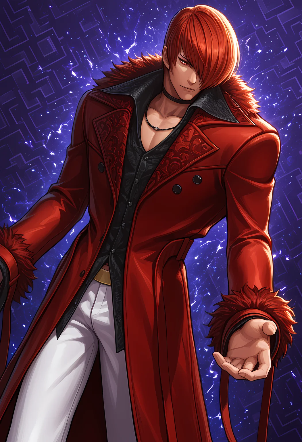 masterpiece, best quality, amazing quality, dutch angle, abstract background, BREAK
1boy, solo, male focus, kof_iori, red hair, red eyes, hair over one eye, choker, long red coat, fur trim, white pants, BREAK
<lora:cfg_scale_boost:.6> <lora:Iori_Yagami_-_The_King_of_Fighters_-_ILXL:1>