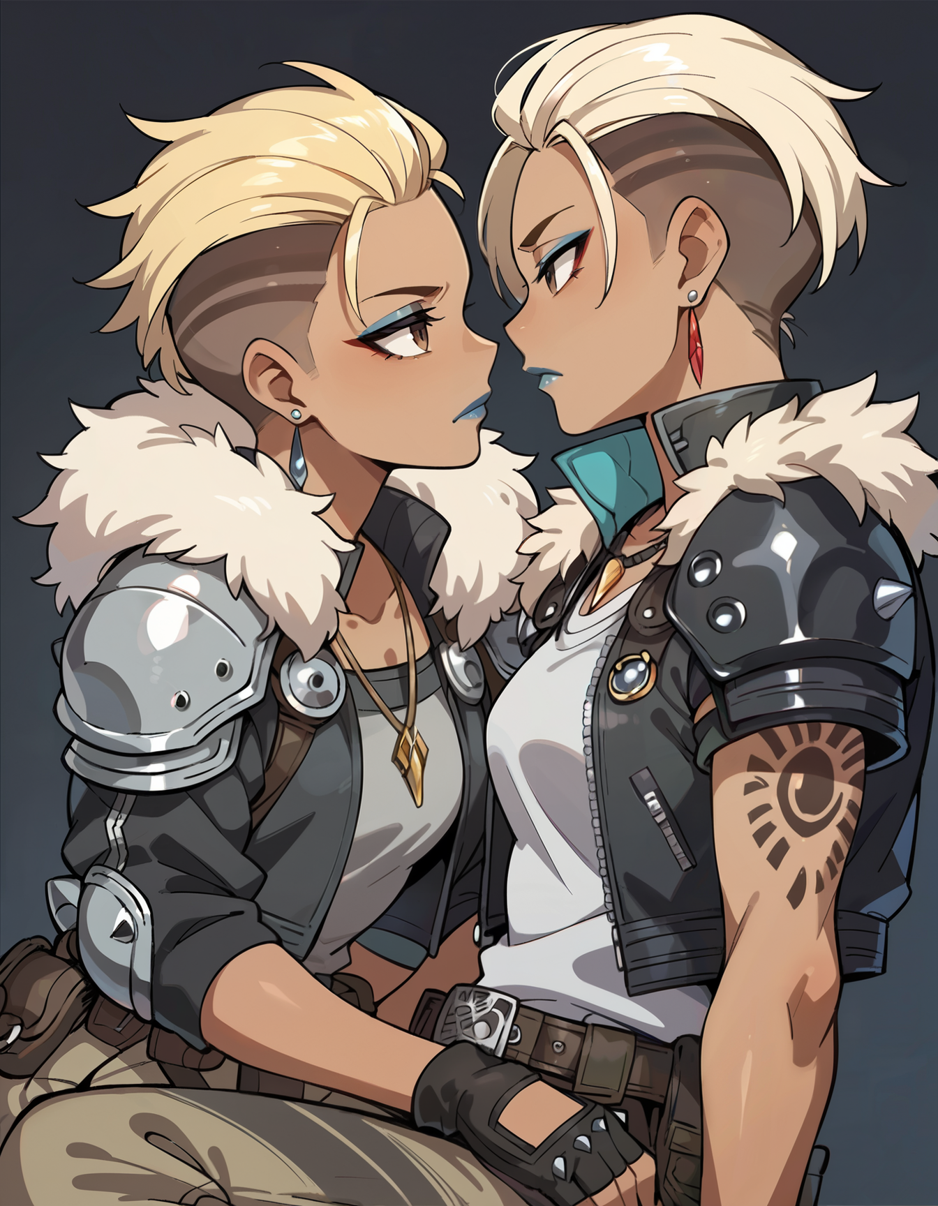score_9,score_8_up,score_7_up,score_6_up,dark background,1girl,black fingerless gloves,camouflage pants,belt,dark skin,black boots,black jacket,blonde hair,grey tank top,pouch,dark-skinned female,earrings,arm tattoo,shoulder spikes,fur trim,knee pads,makeup,blue lips,black nails,undercut,brown eyes,hair behind ear,necklace,short hair,shoulder armor,elbow pads,profile,eyeshadow,pauldrons,     <lora:MyTrainings\Temp\Mad_Maggie_Original_XL_Pony_ARZUMATA.safetensors:0.5>