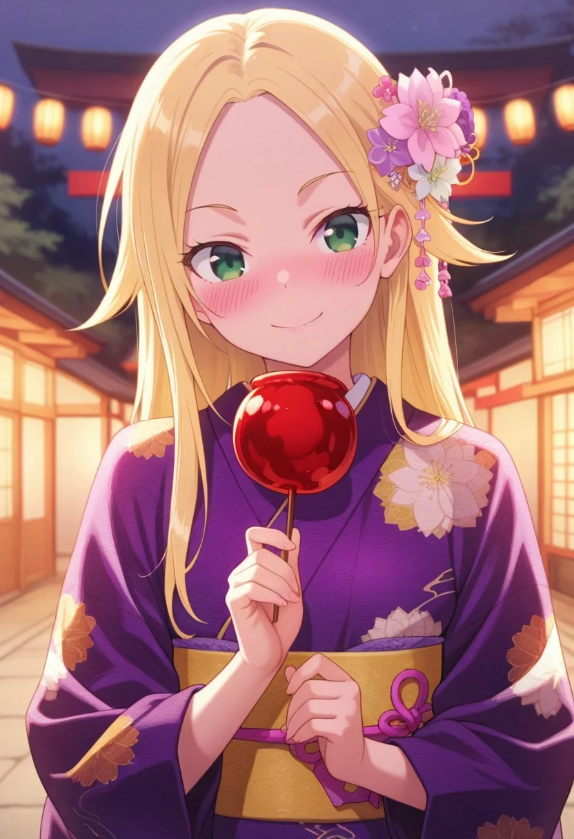 masterpiece,best quality,amazing quality, matsugazaki karen, blonde hair, green eyes, long hair, 1girl, japanese clothes, kimono, food, solo, hair ornament, hair flower, flower, candy apple, blush, smile, purple kimono