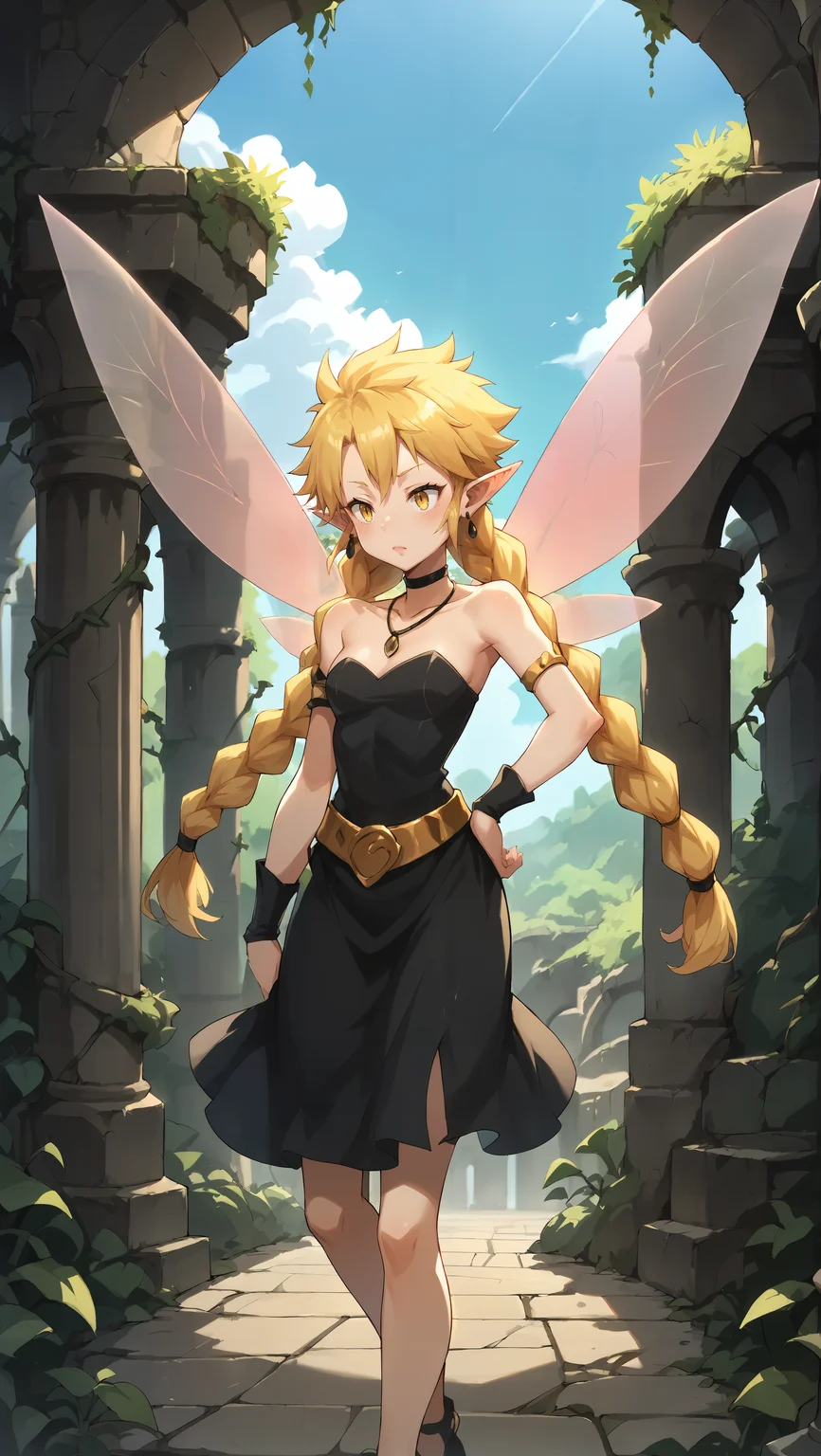 score_9,score_8_up,score_7_up,score_6_up, source_anime, zPDXL, girl, fairy, blonde hair, twin braids, yellow eyes, black dress, pink wings, gold belt, black armguards, armlets, black earrings, strapless, necklace, short dress, <lora:Wakfu_CartoonV02:0.5>, <lora:xl_more_art-full_v1:0.5>, <lora:Ramiris - Pony-000004:0.8>, arms at her side, dungeon, overgrown, ruins, vines, arch, pillar,