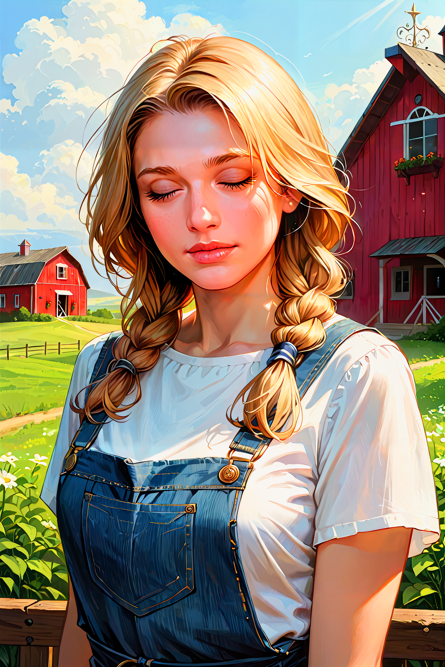 score_9_up, score_8_up, score_7_up, best quality, ultra highres, Casual, shiny skin, detailed, detailed background, detailed face, (realistic face), 
1girl, meadow environment, late afternoon environment, rustic theme, soft sunlight over the meadow, standing near an old barn, warm natural lighting
BREAK
wildflowers scattered across the meadow, an old wooden barn with a red roof, rolling hills in the distance, a few cows grazing lazily
BREAK
1girl, long hair, braided with loose strands, golden blonde hair, country style, simple white blouse, denim overalls, playful emotion, eyes slightly closed in laughter, 
(ultra realistic, 32k, masterpiece:1.2), (high detailed skin:1.1), (high quality:1.1), , bokeh, luminescent background