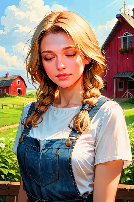 score_9_up, score_8_up, score_7_up, best quality, ultra highres, Casual, shiny skin, detailed, detailed background, detailed face, (realistic face),
1girl, meadow environment, late afternoon environment, rustic theme, soft sunlight over the meadow, standing near an old barn, warm natural lighting
BREAK
wildflowers scattered across the meadow, an old wooden barn with a red roof, rolling hills in the distance, a few cows grazing lazily
BREAK
1girl, long hair, braided with loose strands, golden blonde hair, country style, simple white blouse, denim overalls, playful emotion, eyes slightly closed in laughter,
(ultra realistic, 32k, masterpiece:1.2), (high detailed skin:1.1), (high quality:1.1), , bokeh, luminescent background