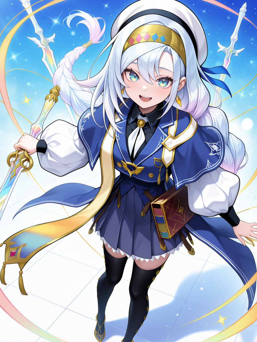 artmegia finemelt,1girl,solo,sword,floating sword,book,smile,open mouth,looking at viewer,from above,gradient background,gold earrings,blue dress,black collared shirt,blue capelet,white beret,gold hairband,gold sash,white necktie,black thighhighs,gold high heels,gradient hair,
masterpiece,best quality,amazing quality,very aesthetic,absurdres,newest,<lora:Artmegia finemelt illusXL v1.3:0.7>,