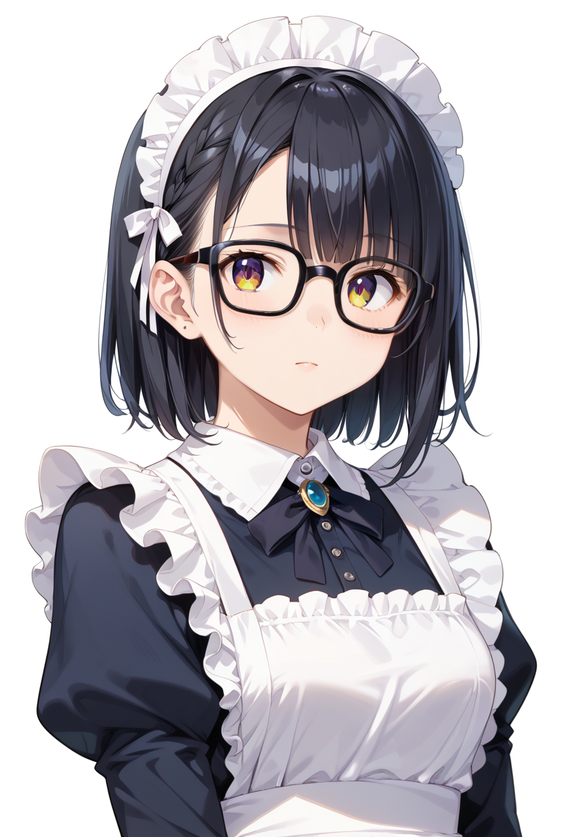 score_9, score_8_up, score_7_up, rating_safe, masterpiece, best quality, absurdres, unity 8k wallpaper, official art, official style, source_anime, uncensored, game cg, megami magazine,
1girl, solo, black hair, medium hair, upper body, covered eyes,maid, maid headdress, black dress, maid apron, face focus,
Wellington22A, glasses, white background, simple background, black-framed eyewear
 <lora:glasses_Wellington22A1_PONY_V1:1>