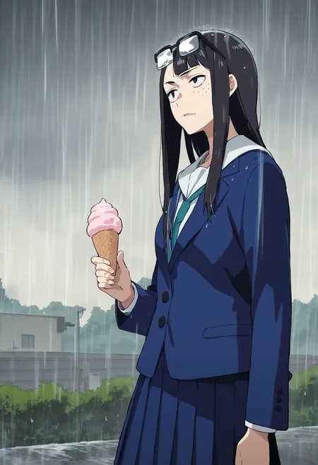 score_9, score_8, score_7, source_anime,
rating_general, anime, official art,
<lora:kanamori-ponyxl-000013:1> kanamori, eyewear on head, freckles
serafuku, pleated skirt, blazer, blue skirt, long skirt,
1girl, solo, rain, ice cream, outdoors, storm
