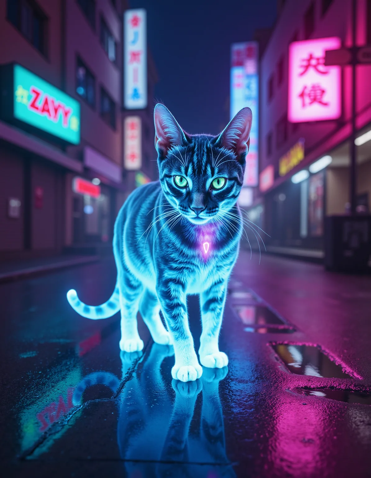 zavy-spctrlglw, Close-up shot from a low angle, a spectral glow cat with shimmering translucent fur and ethereal light emanating from its body, a bustling urban alley at night with neon signs reflecting off wet pavement, cinematic style with dramatic lighting and shallow depth of field, a palette of deep blues and vibrant purples accented with bright neon pinks and greens.