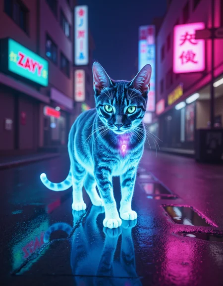 zavy-spctrlglw, Close-up shot from a low angle, a spectral glow cat with shimmering translucent fur and ethereal light emanating from its body, a bustling urban alley at night with neon signs reflecting off wet pavement, cinematic style with dramatic lighting and shallow depth of field, a palette of deep blues and vibrant purples accented with bright neon pinks and greens.