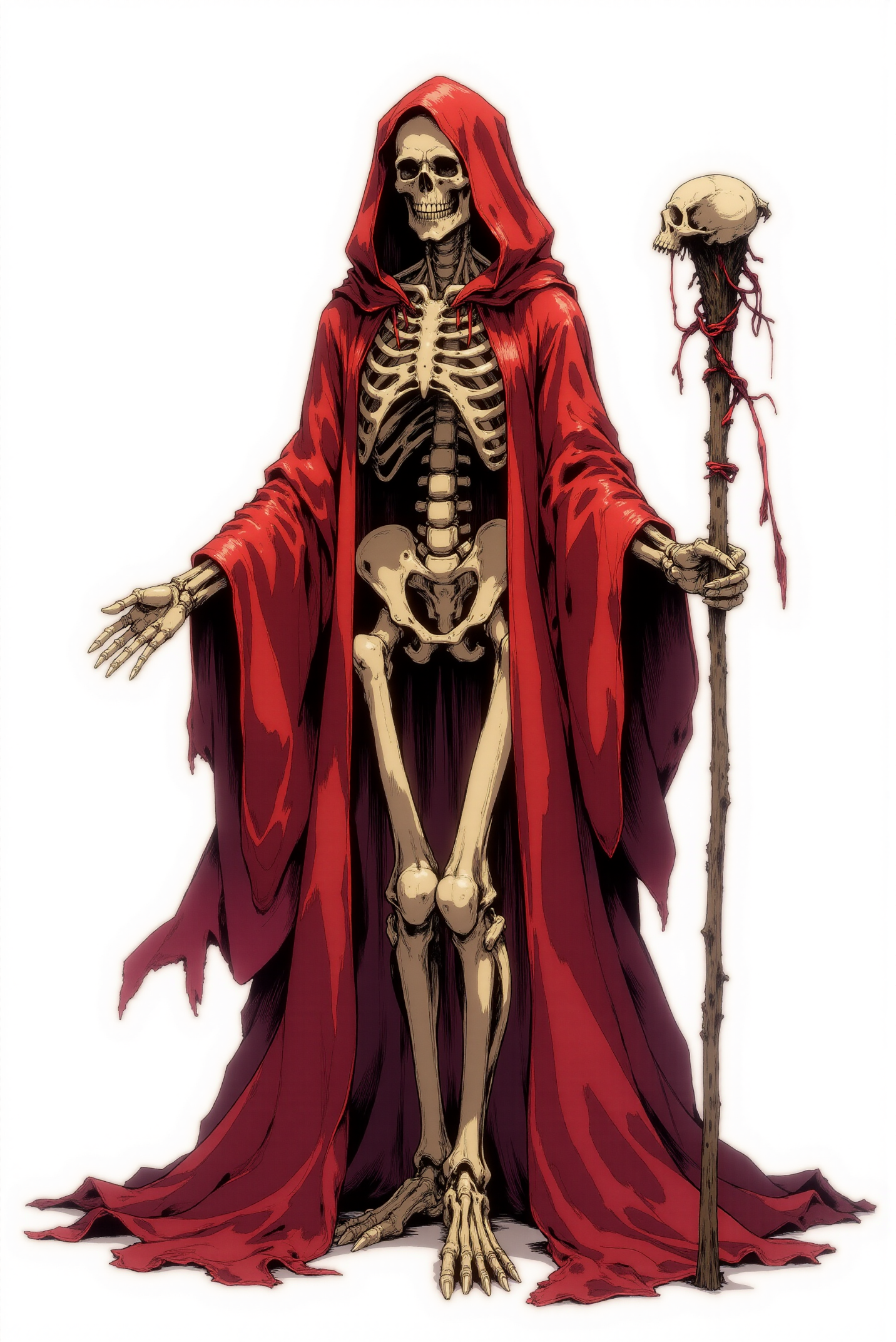 <lora:Dark_Gothic_Comic_style_r2:1> DGC style digital illustration. This hauntingly elegant character design portrays a skeletal figure enshrouded in a voluminous crimson cloak, blending ethereal grace with an unsettling sense of mortality. The bones are rendered with meticulous detail, each rib, vertebra, and joint forming a framework of delicate yet unyielding fragility. The pale, weathered appearance of the skeleton contrasts starkly with the deep, rich reds of the cloak, which cascades like liquid silk, its folds flowing outward in a dramatic display of movement and energy. Thin, vein-like patterns subtly weave through the fabric, giving it an organic, almost lifelike quality. The figure's skull is tilted slightly, as if observing with quiet authority. Its hollow eye sockets and fixed, skeletal grin evoke both a timeless wisdom and an unspoken menace. The hood of the cloak frames the skull, creating a silhouette reminiscent of a grim reaper, yet the softness of the fabric and the luminous highlights imbue the character with an air of mystique rather than overt terror. In one skeletal hand, the figure holds a gnarled staff, crafted from bone and adorned with a broken pelvic bone at its apex, symbolizing both creation and decay. Fine cracks and imperfections in the skeletal structure and staff enhance the weathered, ancient feel of the character, as though it has endured centuries in this spectral form. The stark white background emphasizes the figure's isolation and timelessness, drawing focus to the interplay of light and shadow across the translucent folds of the cloak and the intricate texture of the bones. This spectral design embodies a balance of power, elegance, and mortality, a figure that is as captivating as it is foreboding.