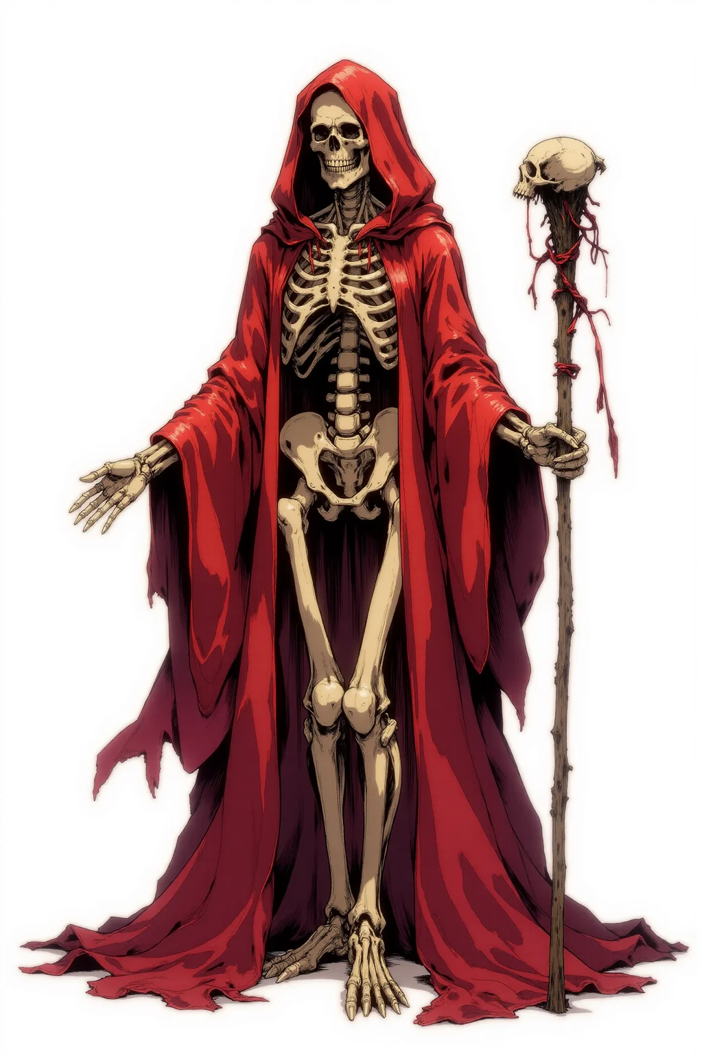 <lora:Dark_Gothic_Comic_style_r2:1> DGC style digital illustration. This hauntingly elegant character design portrays a skeletal figure enshrouded in a voluminous crimson cloak, blending ethereal grace with an unsettling sense of mortality. The bones are rendered with meticulous detail, each rib, vertebra, and joint forming a framework of delicate yet unyielding fragility. The pale, weathered appearance of the skeleton contrasts starkly with the deep, rich reds of the cloak, which cascades like liquid silk, its folds flowing outward in a dramatic display of movement and energy. Thin, vein-like patterns subtly weave through the fabric, giving it an organic, almost lifelike quality. The figure's skull is tilted slightly, as if observing with quiet authority. Its hollow eye sockets and fixed, skeletal grin evoke both a timeless wisdom and an unspoken menace. The hood of the cloak frames the skull, creating a silhouette reminiscent of a grim reaper, yet the softness of the fabric and the luminous highlights imbue the character with an air of mystique rather than overt terror. In one skeletal hand, the figure holds a gnarled staff, crafted from bone and adorned with a broken pelvic bone at its apex, symbolizing both creation and decay. Fine cracks and imperfections in the skeletal structure and staff enhance the weathered, ancient feel of the character, as though it has endured centuries in this spectral form. The stark white background emphasizes the figure's isolation and timelessness, drawing focus to the interplay of light and shadow across the translucent folds of the cloak and the intricate texture of the bones. This spectral design embodies a balance of power, elegance, and mortality, a figure that is as captivating as it is foreboding.