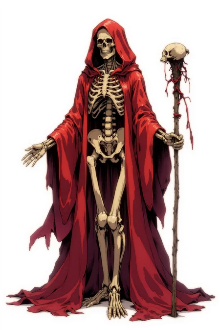 <lora:Dark_Gothic_Comic_style_r2:1> DGC style digital illustration. This hauntingly elegant character design portrays a skeletal figure enshrouded in a voluminous crimson cloak, blending ethereal grace with an unsettling sense of mortality. The bones are rendered with meticulous detail, each rib, vertebra, and joint forming a framework of delicate yet unyielding fragility. The pale, weathered appearance of the skeleton contrasts starkly with the deep, rich reds of the cloak, which cascades like liquid silk, its folds flowing outward in a dramatic display of movement and energy. Thin, vein-like patterns subtly weave through the fabric, giving it an organic, almost lifelike quality. The figure's skull is tilted slightly, as if observing with quiet authority. Its hollow eye sockets and fixed, skeletal grin evoke both a timeless wisdom and an unspoken menace. The hood of the cloak frames the skull, creating a silhouette reminiscent of a grim reaper, yet the softness of the fabric and the luminous highlights imbue the character with an air of mystique rather than overt terror. In one skeletal hand, the figure holds a gnarled staff, crafted from bone and adorned with a broken pelvic bone at its apex, symbolizing both creation and decay. Fine cracks and imperfections in the skeletal structure and staff enhance the weathered, ancient feel of the character, as though it has endured centuries in this spectral form. The stark white background emphasizes the figure's isolation and timelessness, drawing focus to the interplay of light and shadow across the translucent folds of the cloak and the intricate texture of the bones. This spectral design embodies a balance of power, elegance, and mortality, a figure that is as captivating as it is foreboding.
