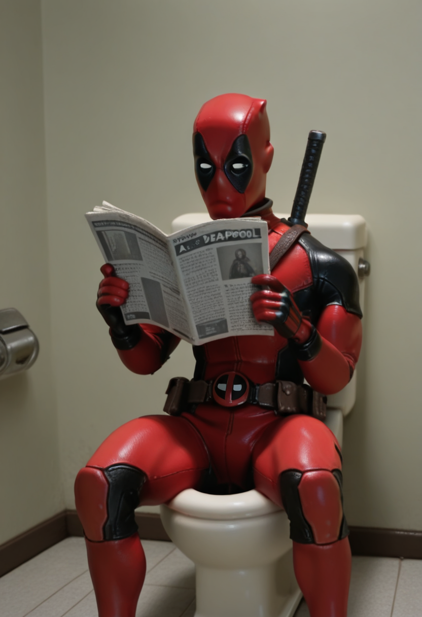 r0b0style, 3d figure,   masterpiece, best quality, solo,                      deadpool, sitting on the toilet, reading a newspaper, 