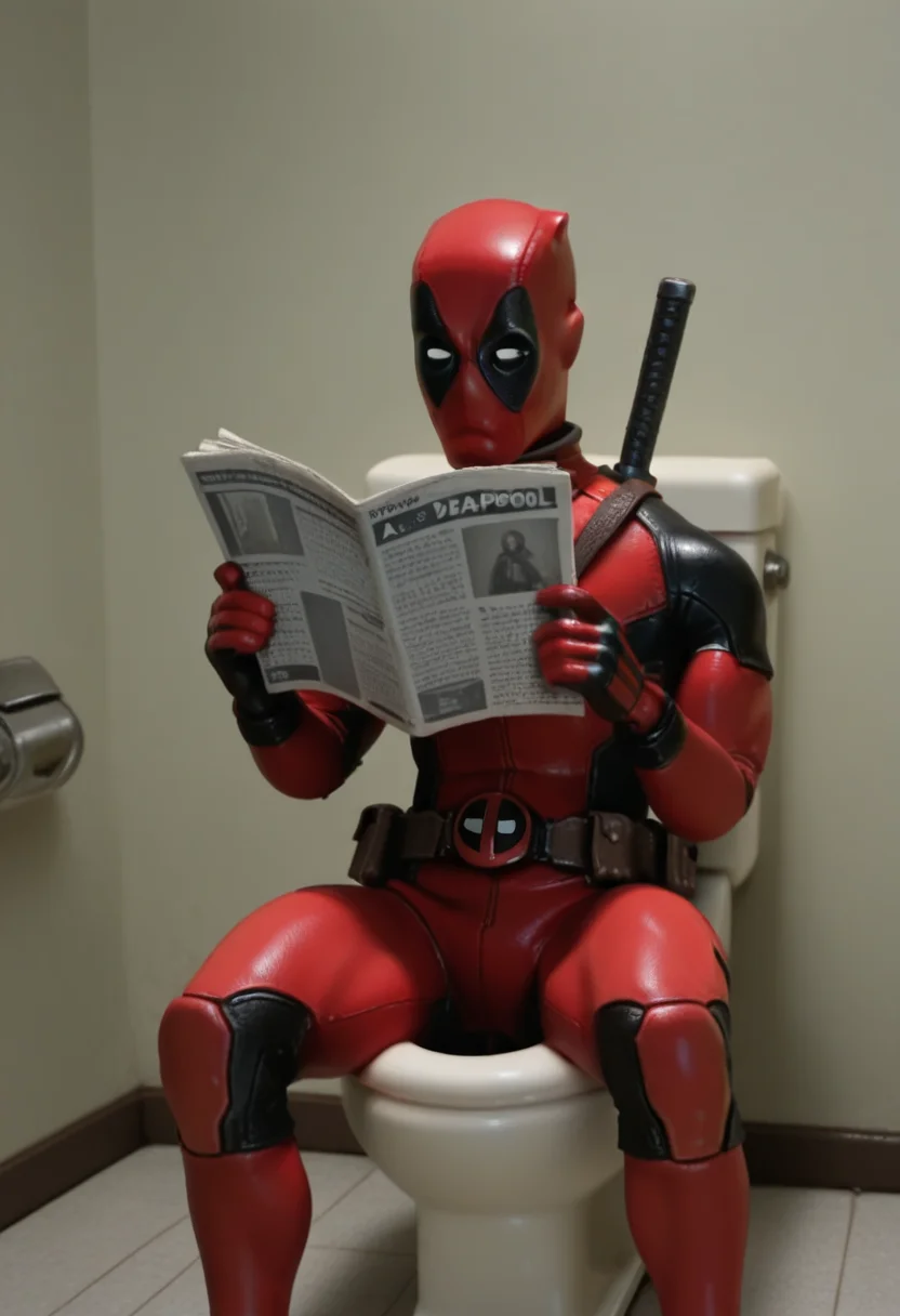 r0b0style, 3d figure, masterpiece, best quality, solo, deadpool, sitting on the toilet, reading a newspaper,