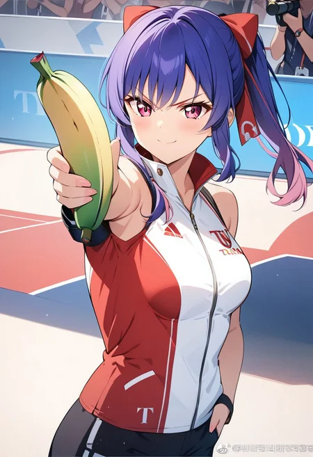 masterpiece, best quality, anime girl, Turkish Killer Pose, holding banana, LOOKING AT banana, AIMING