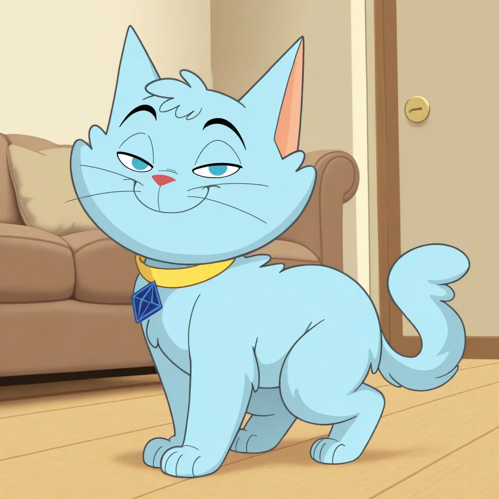 masterpiece, best quality, amazing quality, snooky, male, furry male, feral, cat, solo, blue fur, blue eyes, black eyebrows, whiskers, red nose, paw pads, tail, yellow collar, narrowed eyes, smile, looking at viewer, indoors, living room