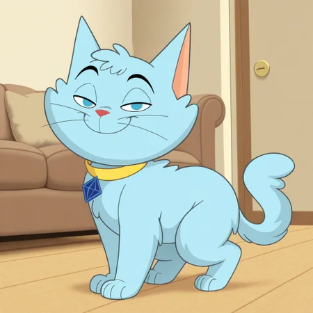 masterpiece, best quality, amazing quality, snooky, male, furry male, feral, cat, solo, blue fur, blue eyes, black eyebrows, whiskers, red nose, paw pads, tail, yellow collar, narrowed eyes, smile, looking at viewer, indoors, living room