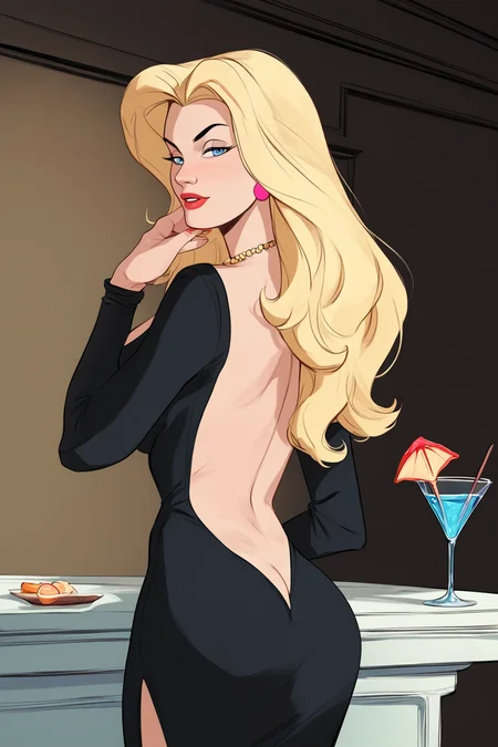 PonyXLV6_Scores BREAK (parody, retro artstyle, perfect anatomy, perfect eyes, absurd resolution), zPDXL2, BREAK <lora:Black_Cat:0.8> felicia hardy, long hair, blonde hair, blue eyes, flirting, raised eyebrow, ((looking back at viewer)), lipstick, makeup, large breasts, athletic, curvy, toned,jewelry, earrings, necklace, long sleeves, black dress, cutout dress, long dress, sexually suggestive pose, standing, at luxurious bar, cocktail, indoors
