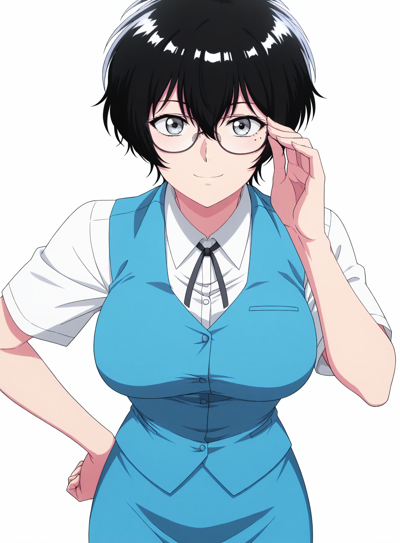 masterpiece, best quality,  absurdres, highres, cinematic light, 1girl,  <lora:kujirai_reiko:1> kujirai_wz, very short hair, black hair,  hair between eyes, mole under eye, grey eyes, glasses, large breasts, white shirt, collared shirt, black ribbon, neck ribbon, short sleeves, blue vest, light blue skirt,  <lora:anime_screencap-Illustrious:1> anime screencap, anime coloring, anime screenshot, standing, looking at viewer, smile, hand on own hip, adjusting eyewear, cowboy shot, simple background, white background,