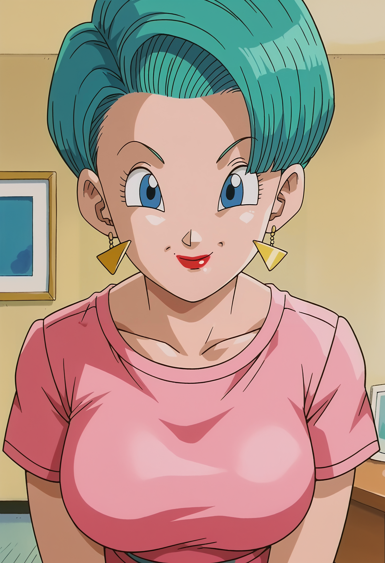 <lora:Bulma-Dragon_Ball_GT:0.8>,Bulma,mature female,1girl,solo,earrings,short hair,blue eyes,aqua hair,lipstick,pink shirt,large breasts,looking at viewer,indoors,smile,closed mouth,