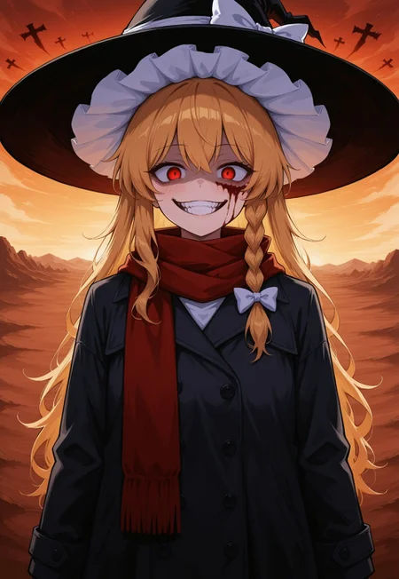 best quality,amazing quality,very aesthetic,absurdres,newest, huge filesize,masterpiece, best quality, good quality, newest,highly detail, 1girl, Marisa Kirisame /touhou/, witch hat, alone, evil smile, Sinister_Smile, shadow on the face, Red_Eyes, Black_Hat, Black_Coat, Red_Scarf, Macabre, Terror, Menacing_Smile, Disturbing_Expression, Grotesque_Style, Red_Sunset, Desert_Landscape, Orange_Sky, Mountain_Silhouettes, Painting, Intense_Colors, Dark_Contrast, upper body