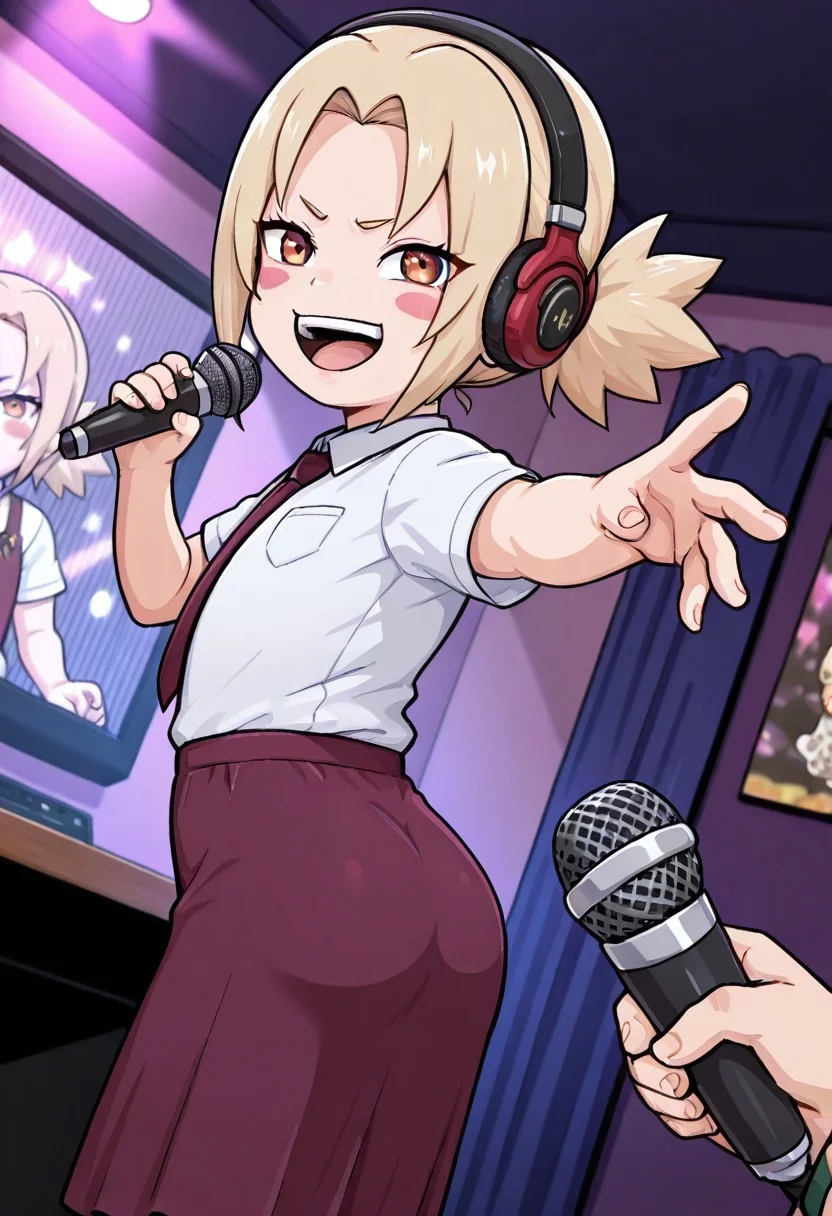 masterpiece, best quality
1girl, chibi,( flat chest), short legs, short arms, short female,Short torso, shortstack, , , tsuntod, blush stickers, <lora:illustriousXL Young Tsunade V1:1> BREAK,a person in person holding mic in front of cartoon character wearing headphones, , microphone, Karaoke background, indoors , holding,, necktie, shirt,Long Skirt, holding microphone, shirt, sleeves, open mouth, headphones,, hair ornament,ass, dutch angle,happy, reaching towards viewer,look back