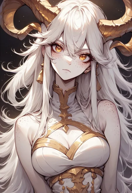 score_9, score_8_up, score_7_up, 1girl, solo, gold twisted ram's horns, freckles, white hair, long bangs, golden eyes, pale skin, medium breasts, 
btiflgrlsnr