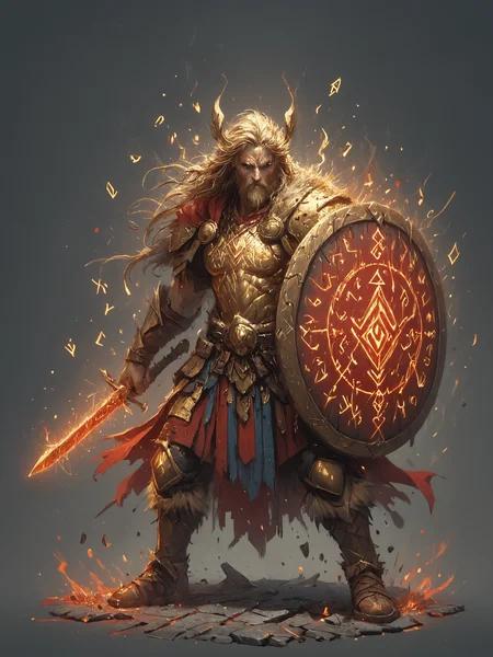 by Julie Mehretu, eclectic, by Andre-Charles Boulle, intricate gold, canvas, detailed, barbarian, fantasy, <lora:Flashfire_Glowing_Runes:0.7>, Flashfire glowing runes, full body, blue, holds a sword and shield, <lora:ral-dissolve:0.3>, ral-dissolve, <lora:Into_Darkness:0.5>, <lora:hkmagicV2:0.3>, hkmagic, red coat,