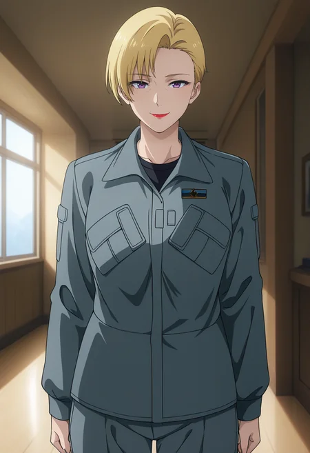 masterpiece, best quality, amazing quality, 1girl, solo, cowboy shot, heidemarieww, mature female, purple eyes, blonde hair, short hair, lipstick, red lips, military uniform, grey jacket, black shirt, grey pants, black boots, looking at viewer, smile, indoors, day, skindentation, detailed clothing folds, depth of field, sharp, high contrast, dynamic light <lora:Barrow_Heidemarie_Bravern_ill:0.9>
