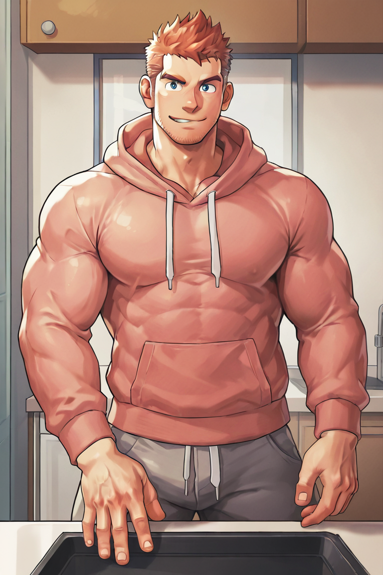 masterpiece, best quality, highres, newest, 1boy, bara, solo, male focus, mature male, short hair, orange hair, grey eyes, facial hair, stubble, muscular, looking at viewer, upper body, smile, standing, pink hoodie, grey pants, indoors, kitchen <lora:OIS - Bara Style 1 [LoRA] - NoobAI-XL EPS 1.0:0.7>