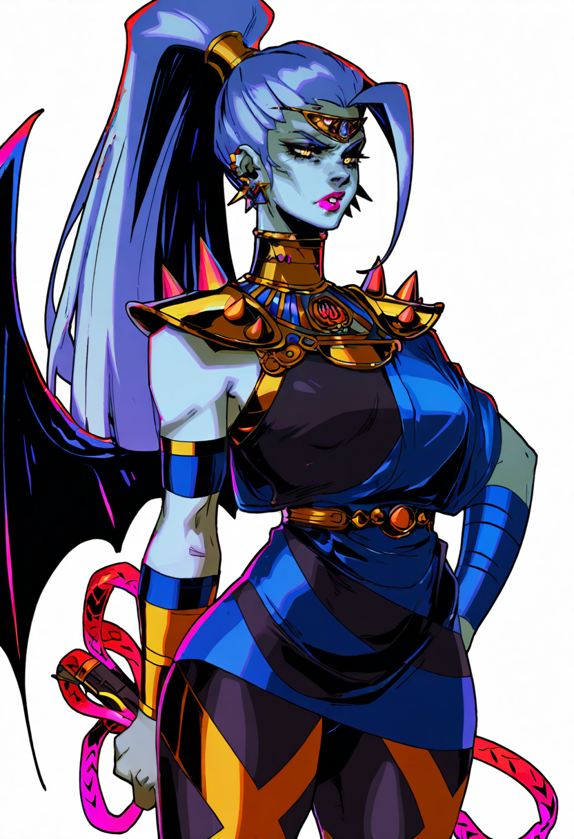 <lora:illustriousXLv01_stabilizer_v1.165c:0.5>, <lora:Hades_Style_FLUX:1>, lazypos, 1girl, solo, cowbow shot, white background, single wing, whip, wings, blue skin, greek clothes, colored skin, ponytail, holding whip, hand on hip, gorget, white background, blue hair, leggings, weapon, solo, yellow eyes, piercing, jewelry