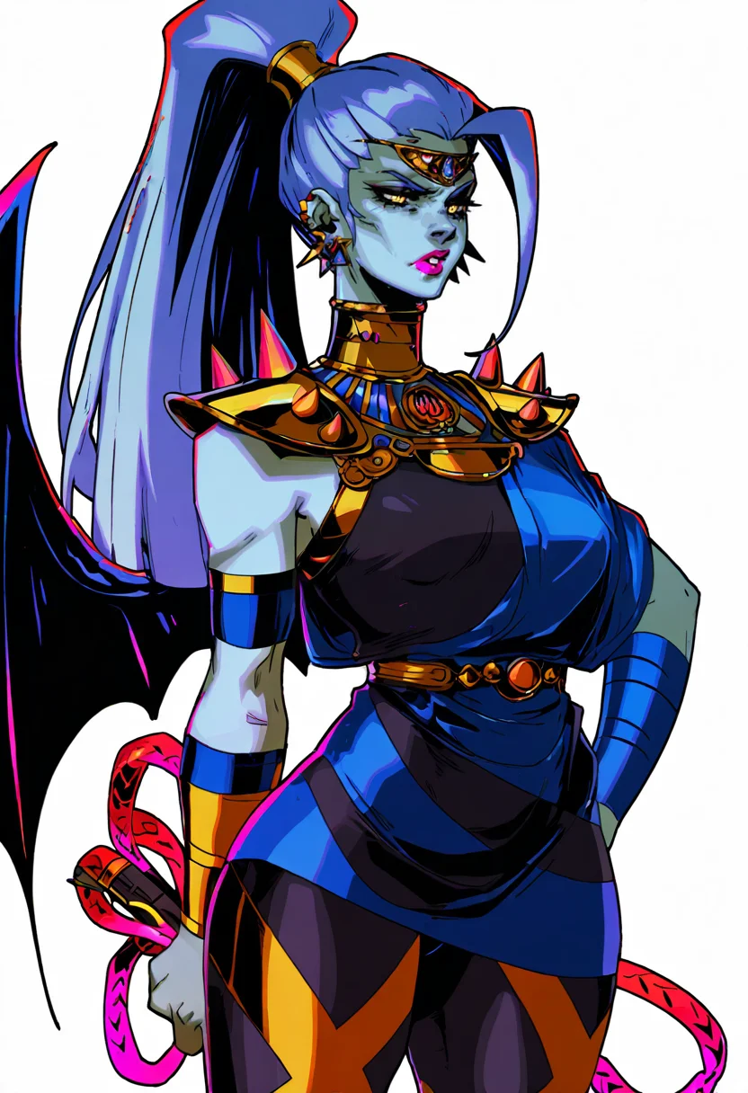 <lora:illustriousXLv01_stabilizer_v1.165c:0.5>, <lora:Hades_Style_FLUX:1>, lazypos, 1girl, solo, cowbow shot, white background, single wing, whip, wings, blue skin, greek clothes, colored skin, ponytail, holding whip, hand on hip, gorget, white background, blue hair, leggings, weapon, solo, yellow eyes, piercing, jewelry