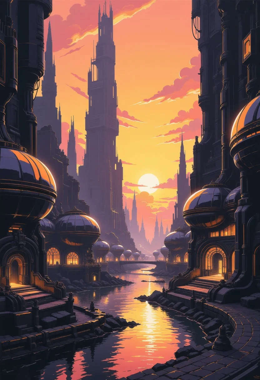 masterpiece, streetview of futuristic sc-fi city, towers, domes and skyscapers, sunset, rule of thirds, perfect lighting, sunset, HD32K, wallpaper, hyperdetailed, mythp0rt