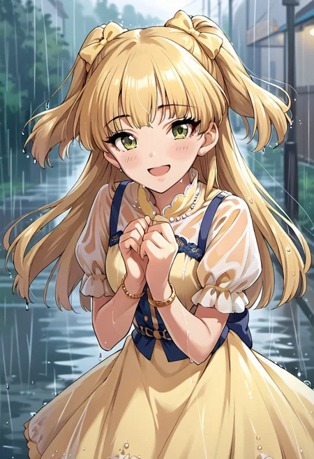 score_9, score_8_up, score_7_up, source_anime, jougasaki rika, long hair, blonde hair, two side up, green eyes, 1girl, solo, jewelry, dress, rain, looking at viewer, blush, hair bow, bow, smile, open mouth, bracelet