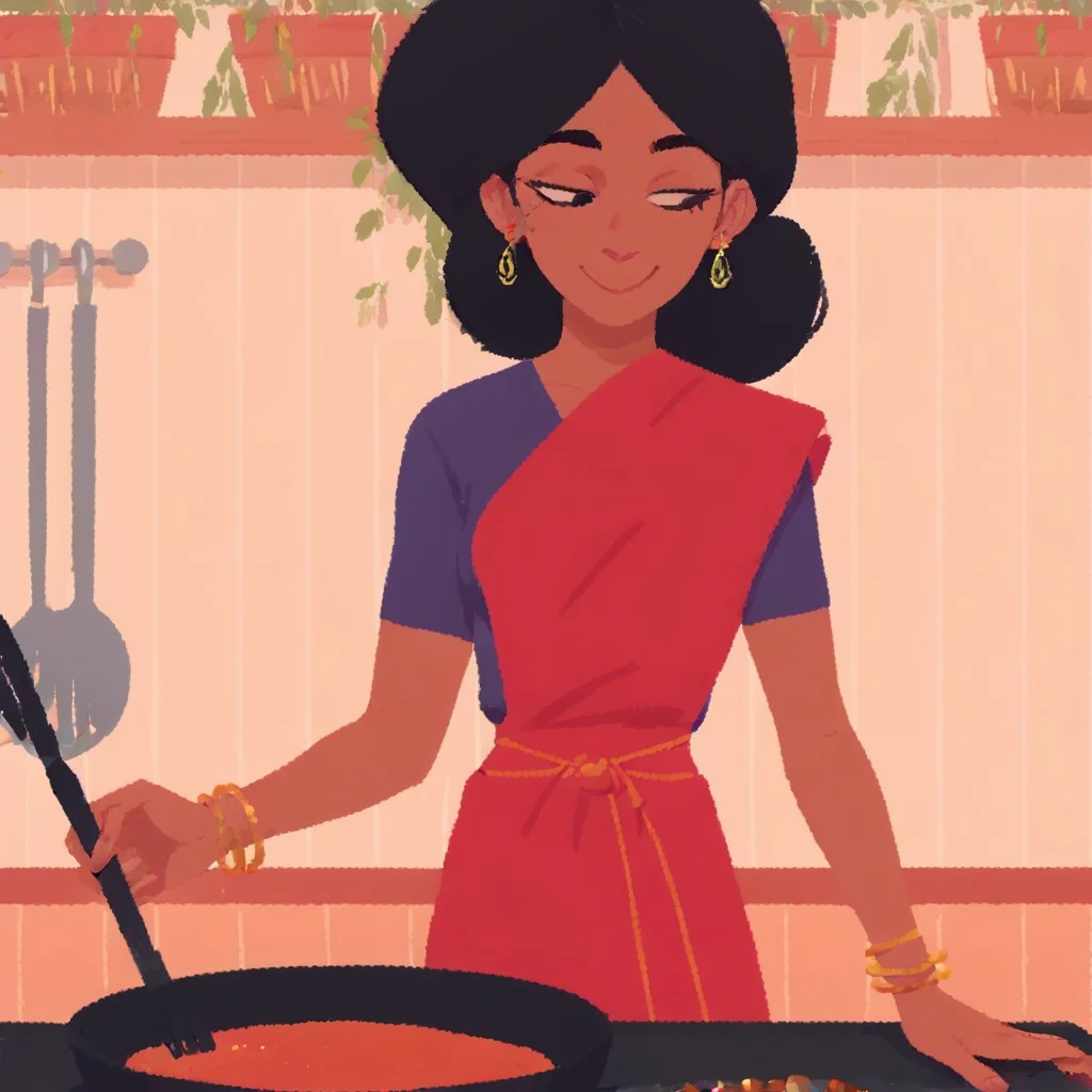 score_9, score_8, score_7, break, venba, dark-skinned female, earrings, black hair, bindi, bracelet, short sleeves, purple shirt, red sash, skirt, kitchen, cooking, smile