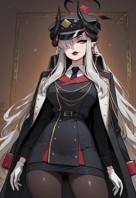masterpiece, best quality, solo, curvy, beautiful eyes, narrow waist, wide hips, 1girl, solo, smile, looking at viewer, zzMakoto, horns, long hair, grey hair, demon horns, black horns, halo, multiple horns, pointy ears, grey eyes, black coat, black headwear, black necktie, coat on shoulders, collared shirt, long sleeves, military uniform, white gloves, black belt, white shirt, black pantyhose, black jacket, black skirt, <lora:HanumaMakotoBlueArchive_IXL_v1:1.0>, , solo, looking at viewer, simple background, ass, cowboy shot, looking back, from behind, hair over one eye, lips, skindentation, makeup, piercing, cross, lipstick, ear piercing, eyeshadow, shiny clothes, gothic, <lora:ElfFio_IXL_v2:0.8>,