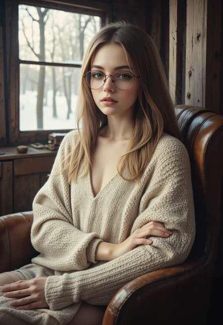 portrait of a beautiful 20-years-old european women with long, straight light brown hair, large round blue grey eyes, glossy lips, pale skin, round wire-framed glasses.
She seats on a worn leather armchair, a large frameless window on her side.
She wears a loose long sleeveless very loose-knit thick white wool sweater with a deep v-line, short thick wool socks.
The background is an old hunters cabin, the girl is holding a book. Outside thw window a beautiful snwoy scene on a sunny day
dreamwave, aidmaMJ6.1