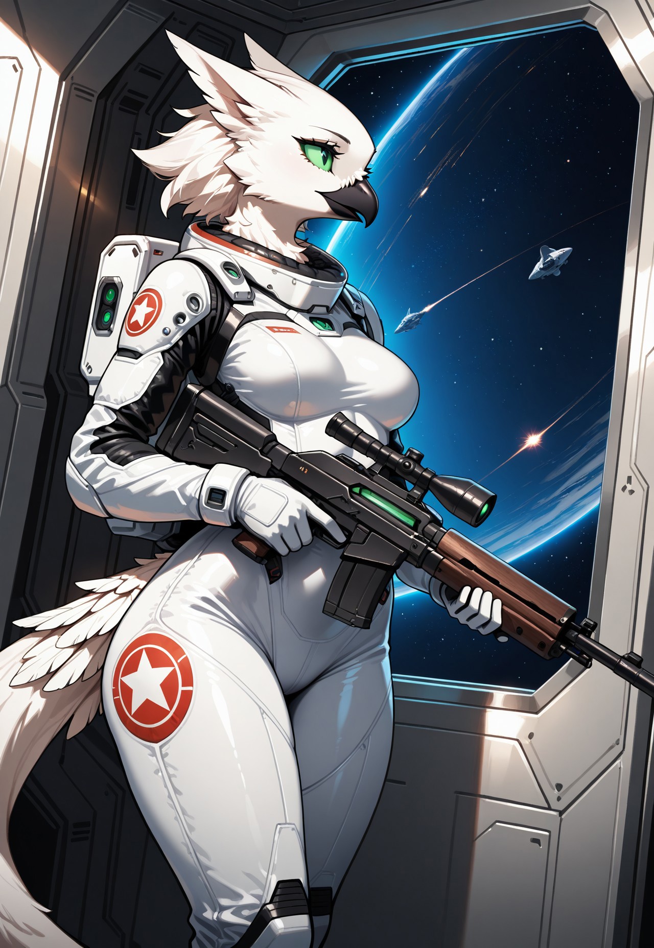 (Beautiful, masterpiece, detailed, newest, absurd res), solo, female focus, velari, anthro avian, white feathers, black beak, green sclera, green eyes, space suit, power armor, holding weapon, holding gun, futuristic rifle, indoors, inside space ship, metal walls
