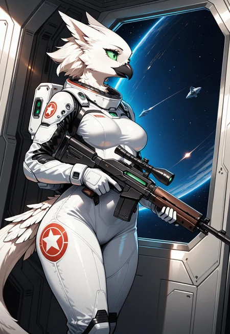 (Beautiful, masterpiece, detailed, newest, absurd res), solo, female focus, velari, anthro avian, white feathers, black beak, green sclera, green eyes, space suit, power armor, holding weapon, holding gun, futuristic rifle, indoors, inside space ship, metal walls