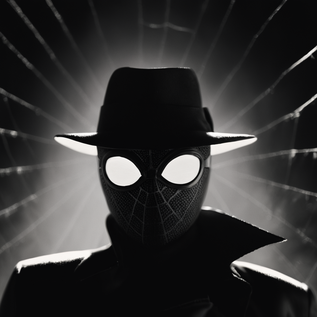 cinematic film still of  <lora:Spider-Man Noir:1>
Spider-Man Noir a black and white spider - man mask with white eyes in Marvel Noir universe,1girl,solo,simple background,thighhighs,monochrome,greyscale,black background,close-up,silk,spider web,spider web print , dark theme, cinematic noir, dramatic Light, shallow depth of field, vignette, highly detailed, high budget, bokeh, cinemascope, moody, epic, gorgeous, film grain, grainy